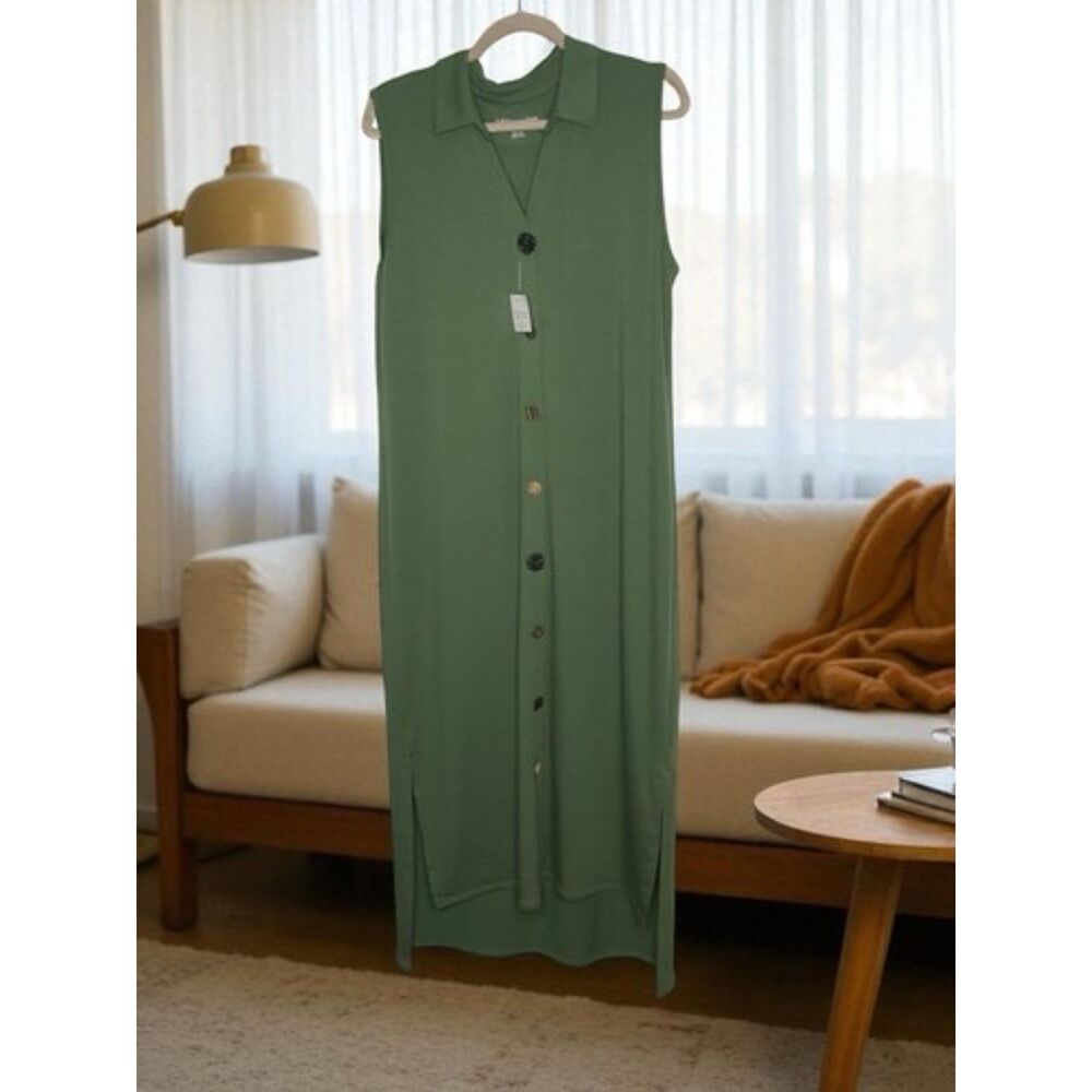 NWT Soft Surrounding Fern Green Sleeveless Multi Button Maxi Dress Women Size L